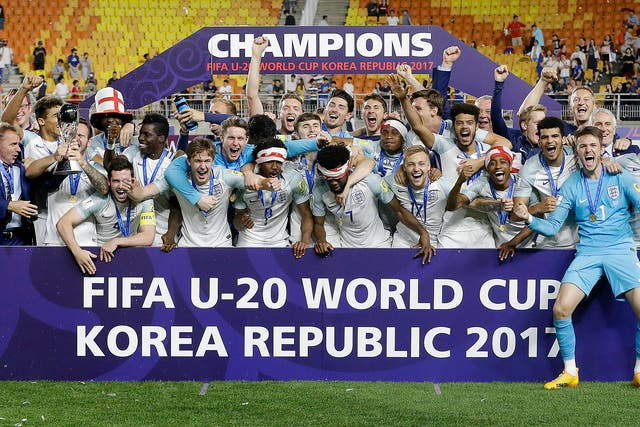 England players celebrate after defeating Venezuela 1-0 to win the final of the FIFA U-20 World Cup Korea 2017 at Suwon World Cup Stadium in Suwon, South Korea