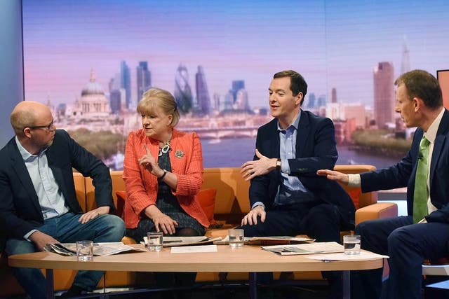 Toby Young, Guardian columnist Polly Toynbee, former chancellor George Osborne and Andrew Marr appearing on the BBC One current affairs programme, The Andrew Marr Show