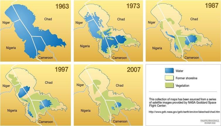 Lake Chad has been disappearing because of repeated droughts and excessive use of its waters for irrigation