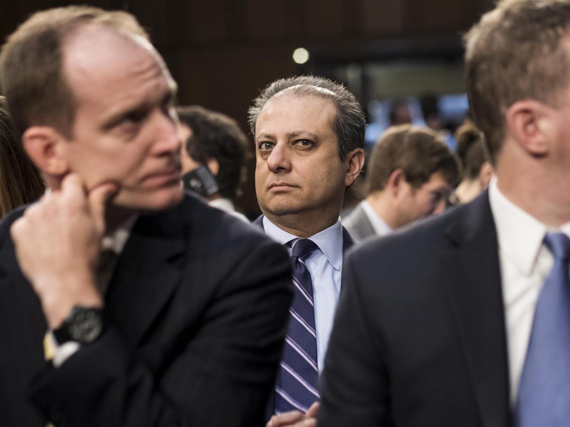Former US Attorney for the Southern District of New York Preet Bharara listens to former FBI director James Comey testify before the Senate Intelligence Committee on Capitol Hill