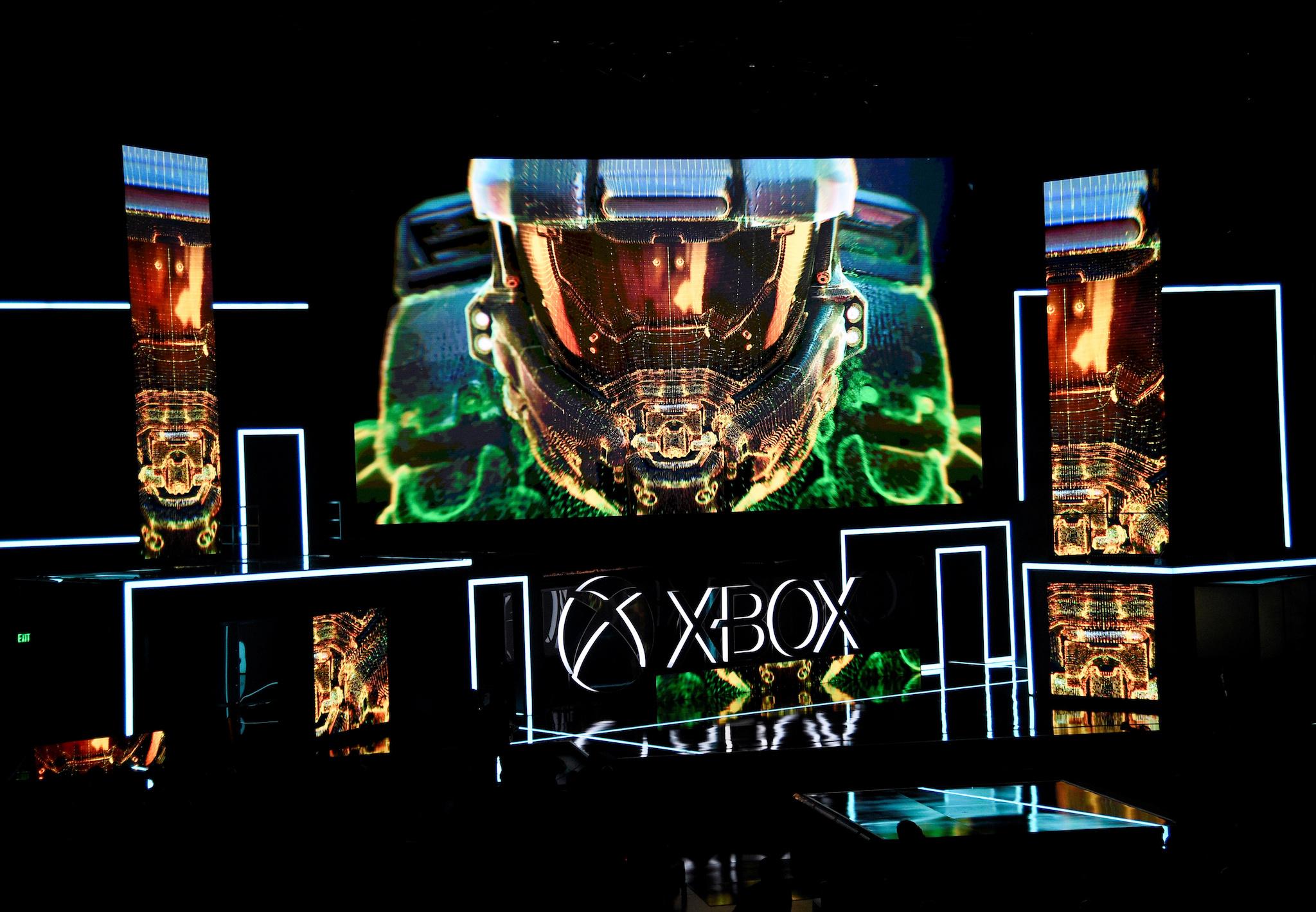 Graphics are shown on a screen during unveiling of the Xbox One X gaming console during the Microsoft Xbox E3 2017 media briefing in Los Angeles