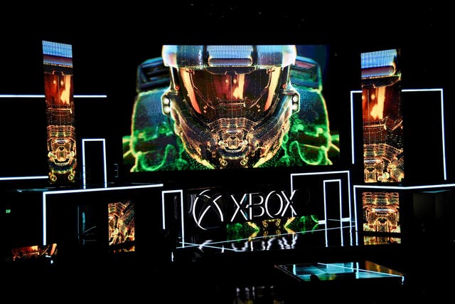 Graphics are shown on a screen during unveiling of the Xbox One X gaming console during the Microsoft Xbox E3 2017 media briefing in Los Angeles