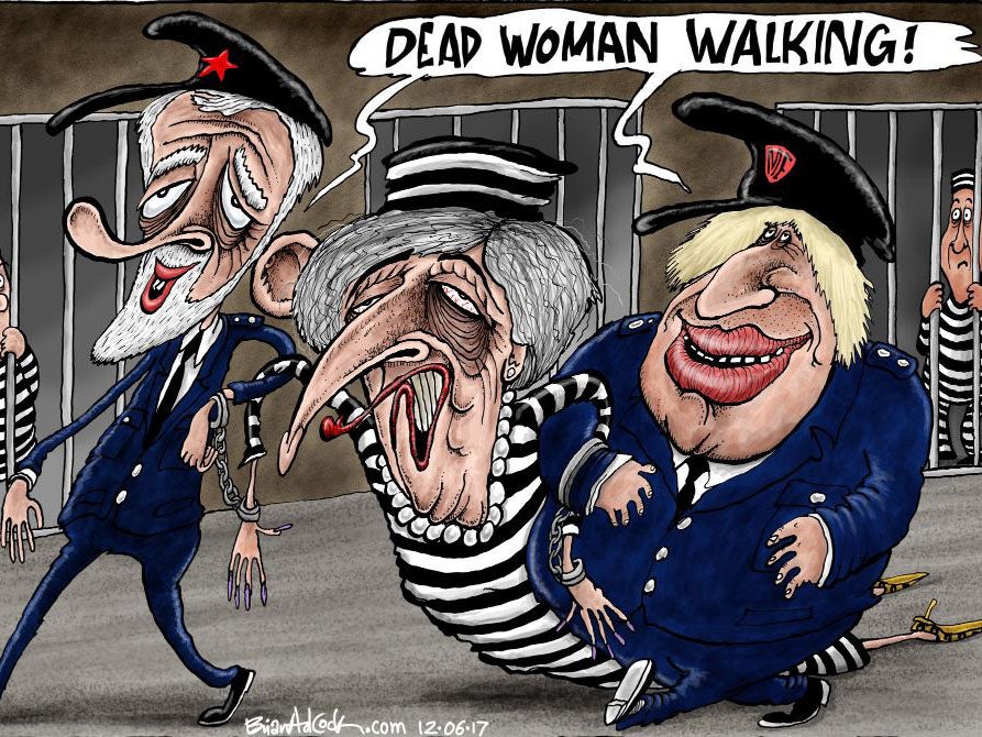 Theresa May being dragged away by Boris Johnson and Jeremy Corbyn