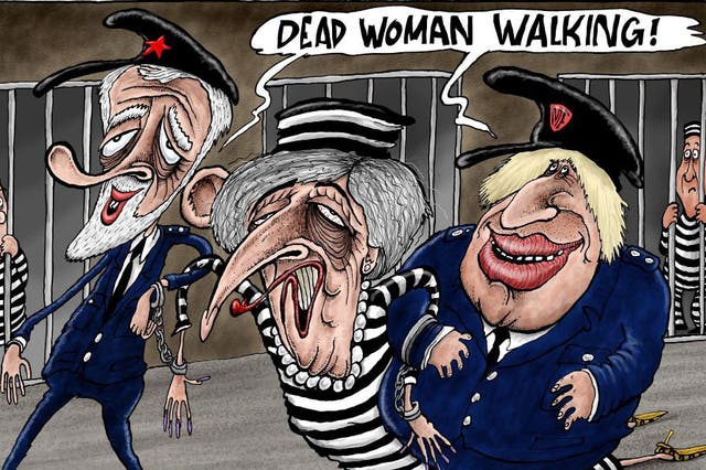 Theresa May being dragged away by Boris Johnson and Jeremy Corbyn