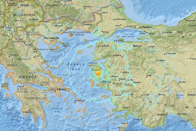 The epicentre of the quake was located some 84 km (52 miles) northwest of the Aegean coastal province of Izmir