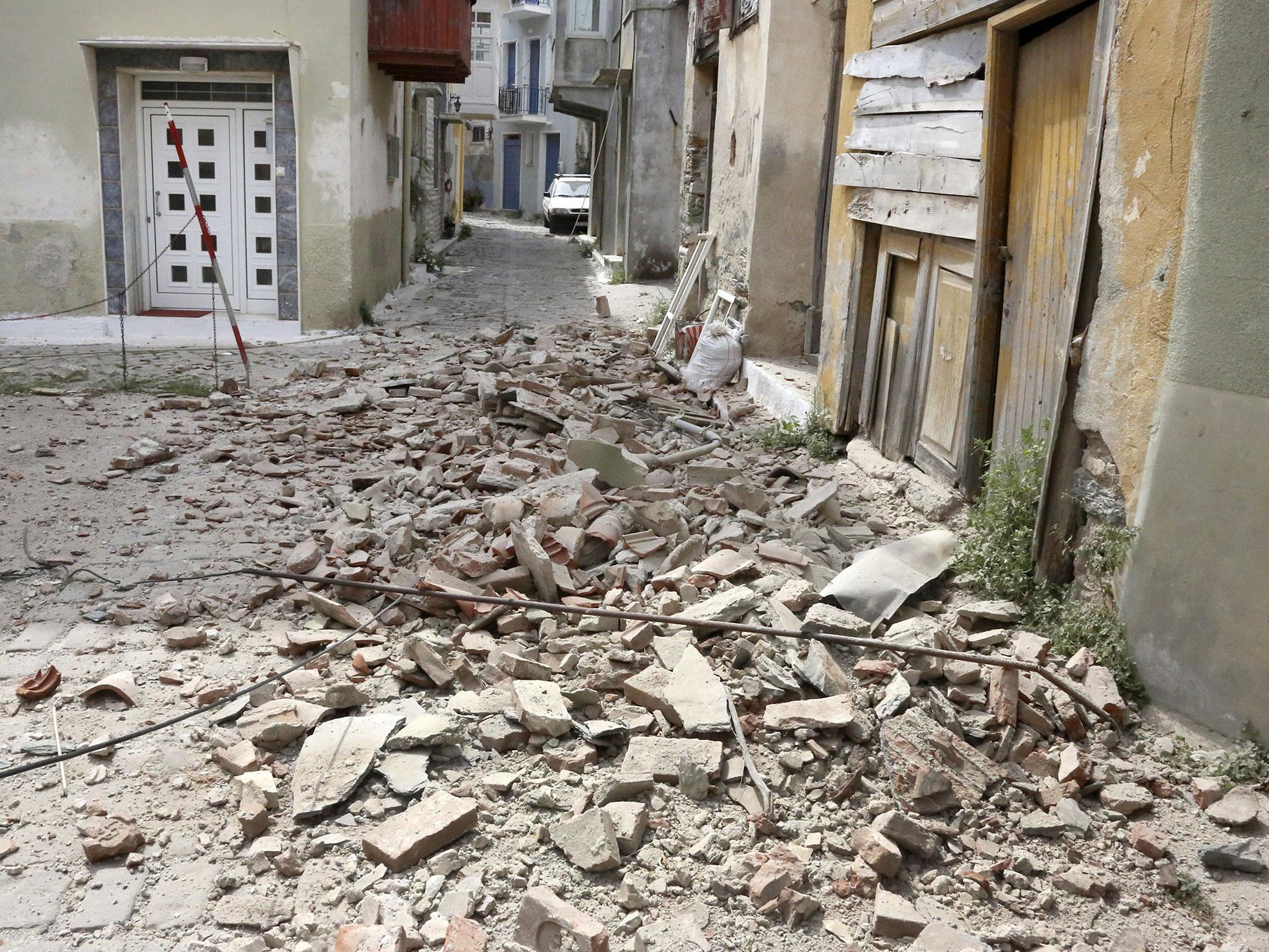 Damage in Plomari village after a strong earthquake struck Lesvos island, Greece