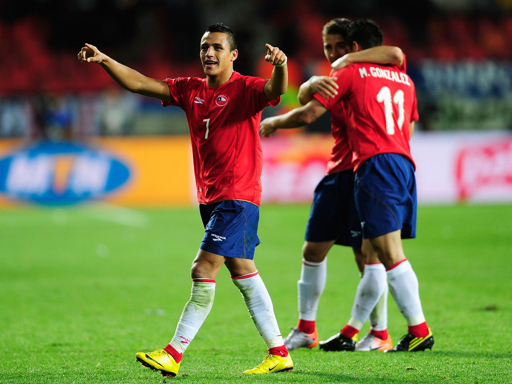 Alexis Sanchez with his Chile teammates during the side's 2010 World Cup group match against Switzerland