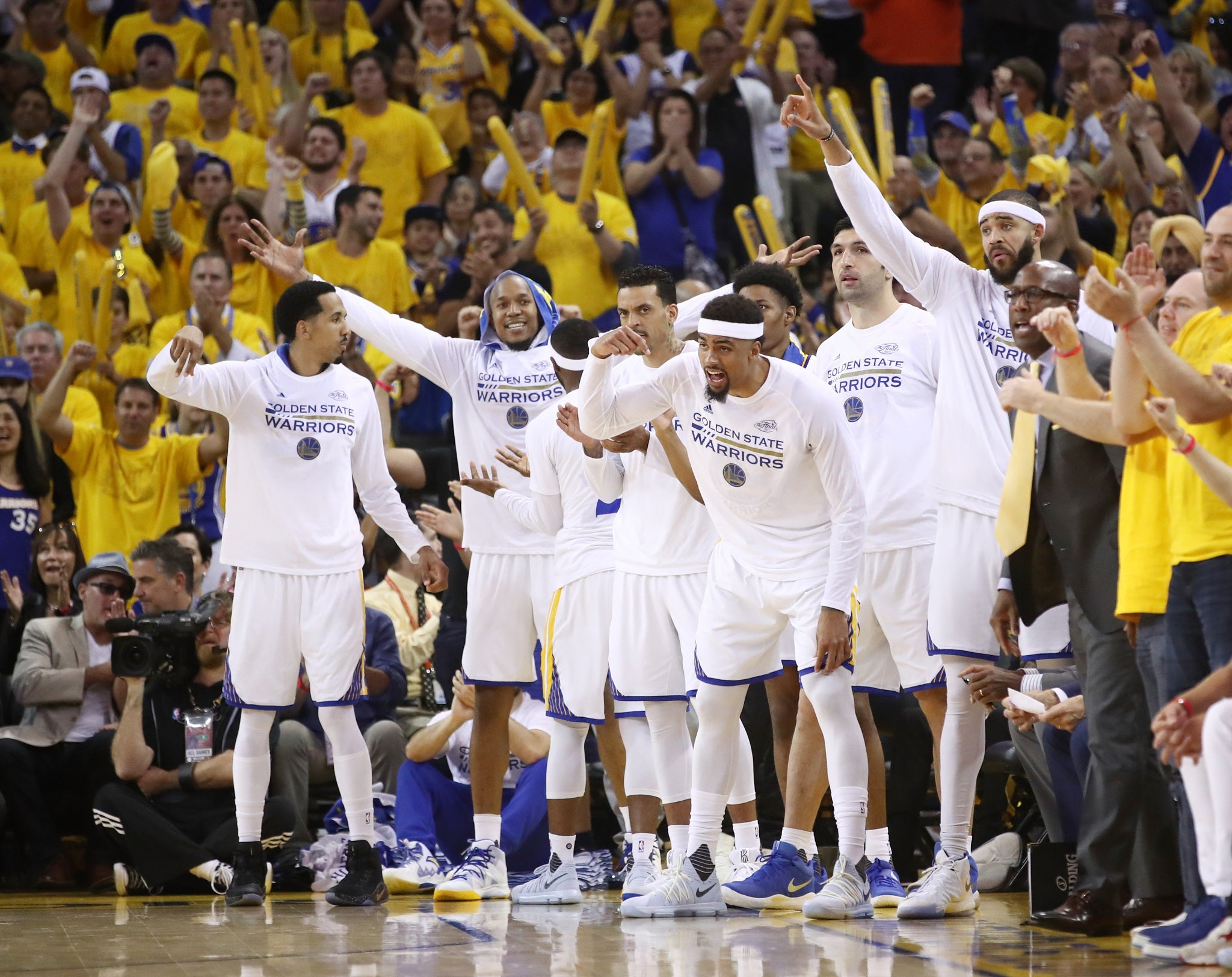 The Golden State Warriors celebrate after winning the NBA Finals 4-1 over the Cleveland Cavaliers