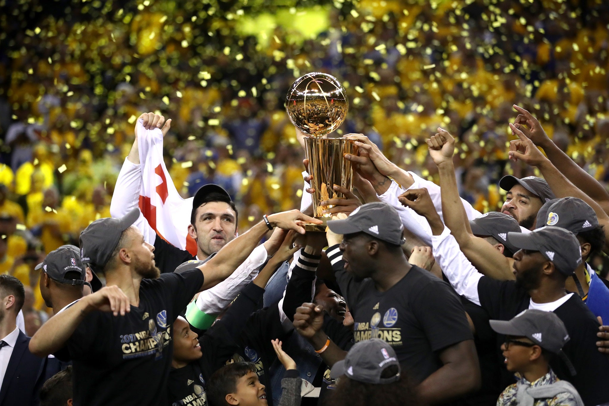The Golden State Warriors celebrate winning the NBA Finals after beating the Cleveland Cavaliers 4-1