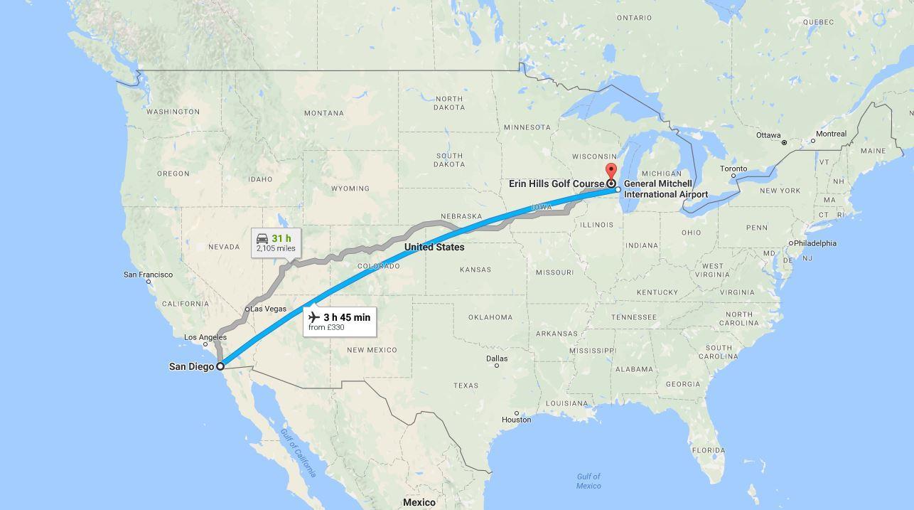 Mickelson faces a 2,000 mile journey from San Diego, CA, to Erin Hills, WI