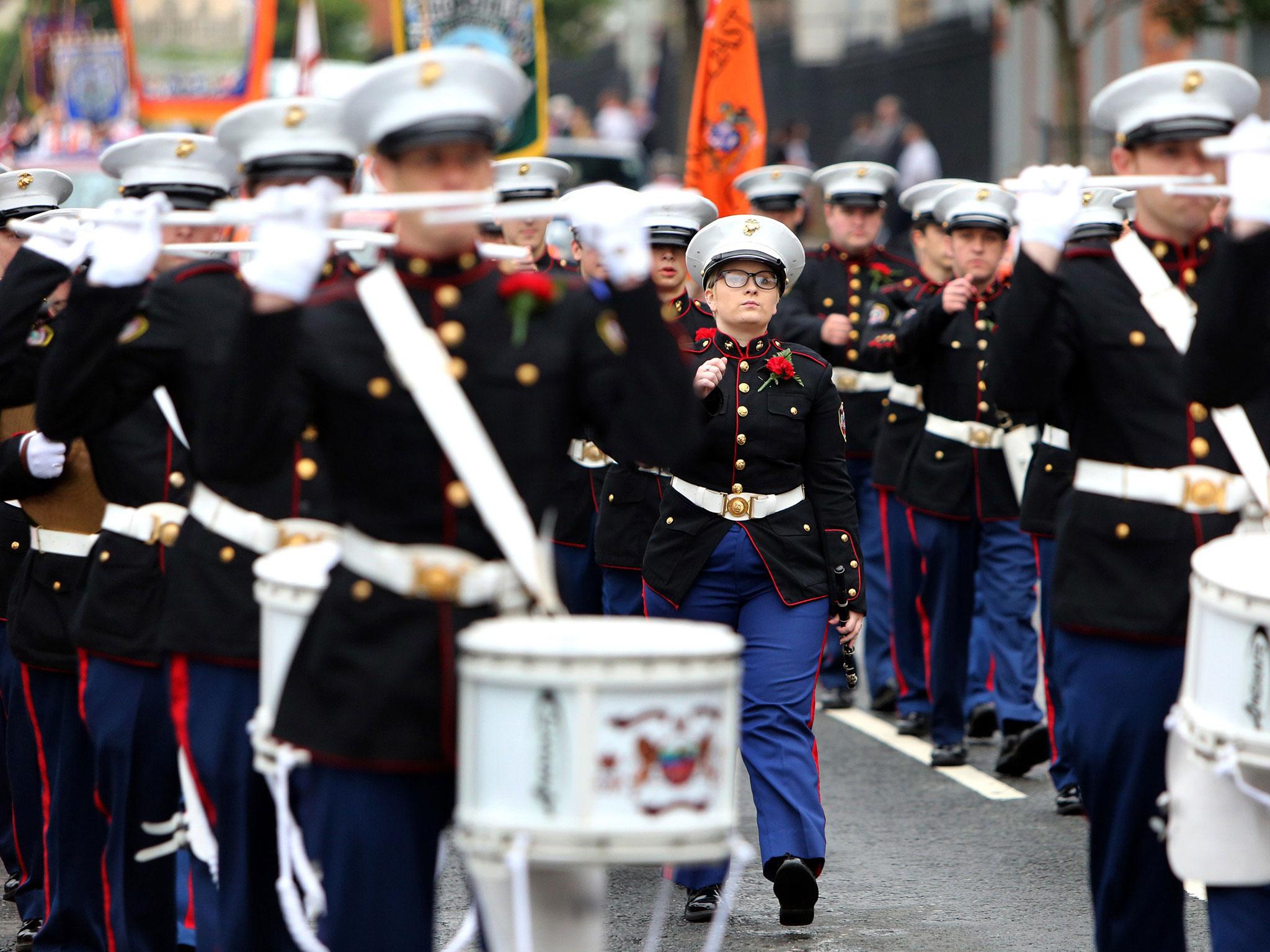 A loyalist band parades during an Orange Order march in North Belfast, in Northern Ireland