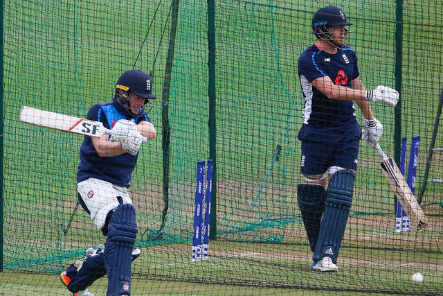 Eoin Morgan and Jonny Bairstow in action during an England training session