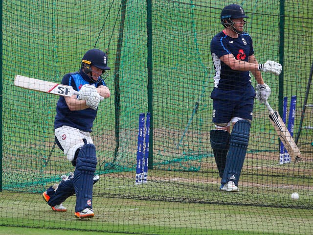 Eoin Morgan and Jonny Bairstow in action during an England training session