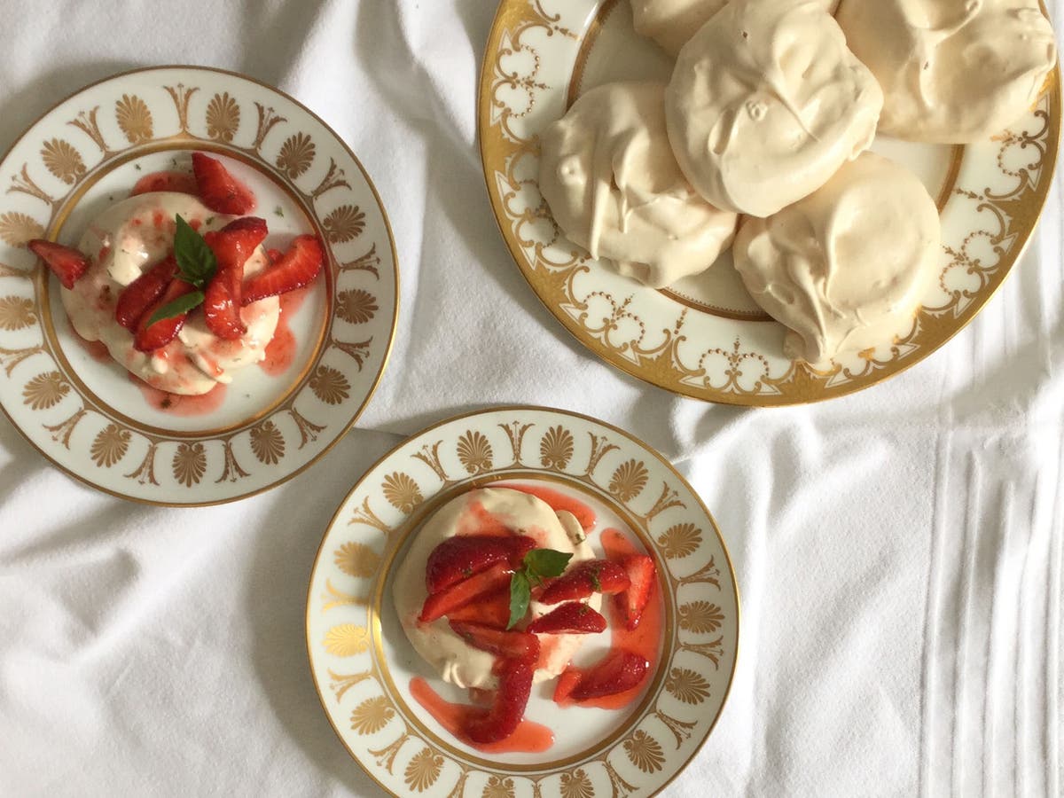 Meringues with basil syrup strawberries The Independent The Independent