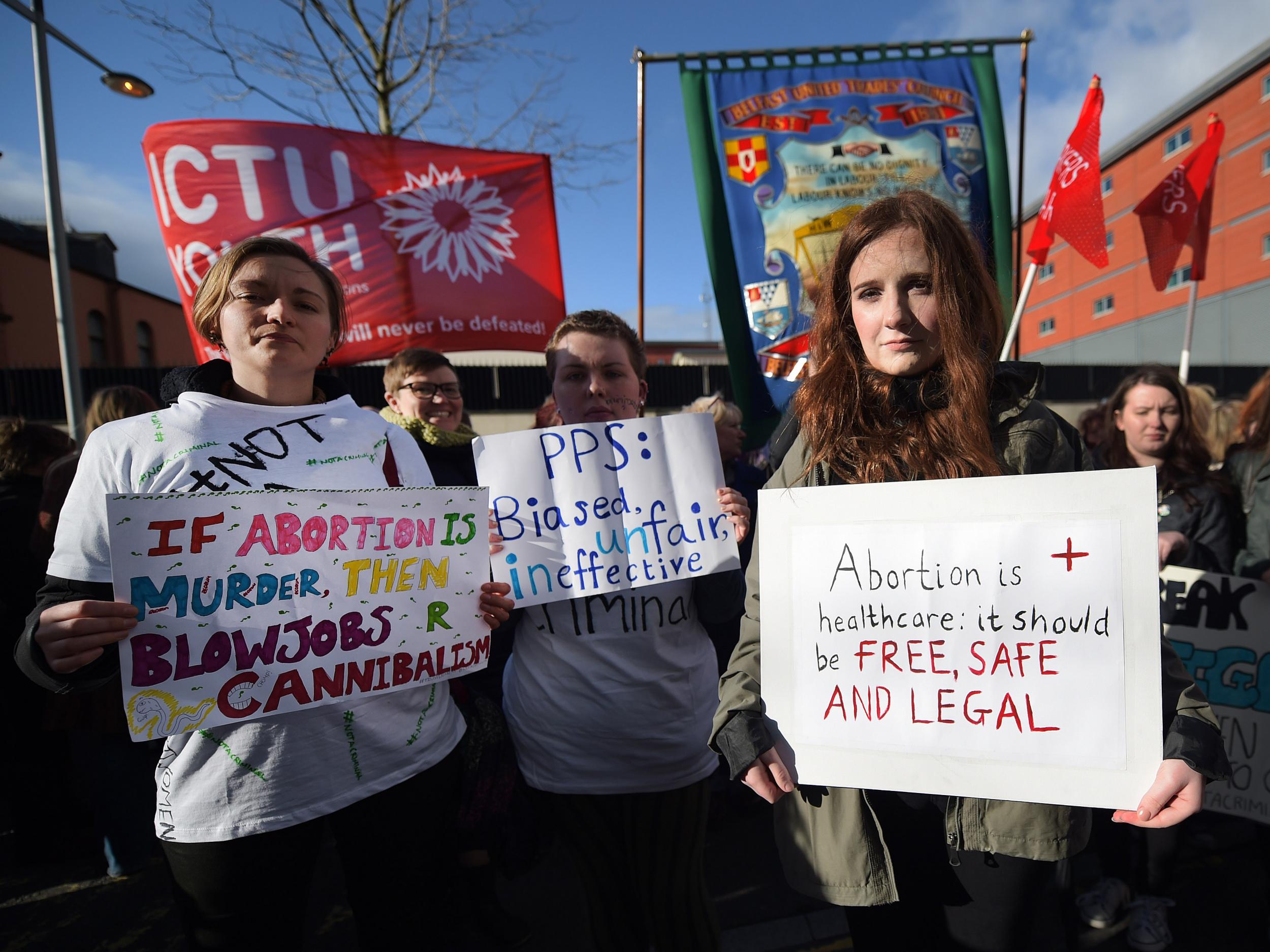 Pro-choice supporters protest outside the Public Prosecution Office in Belfast, Northern Ireland