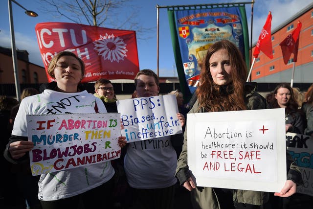 Pro-choice supporters protest outside the Public Prosecution Office in Belfast, Northern Ireland