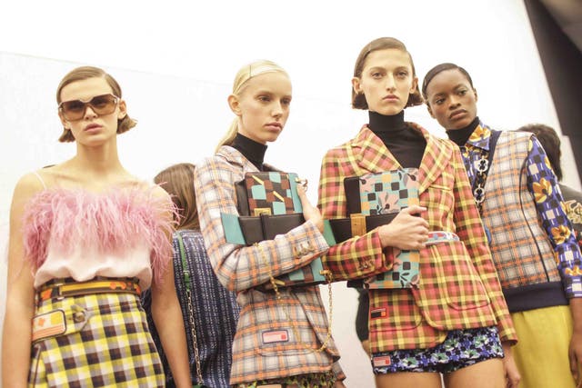 There were deco-graphic prints, geometric shapes and gingham at Prada