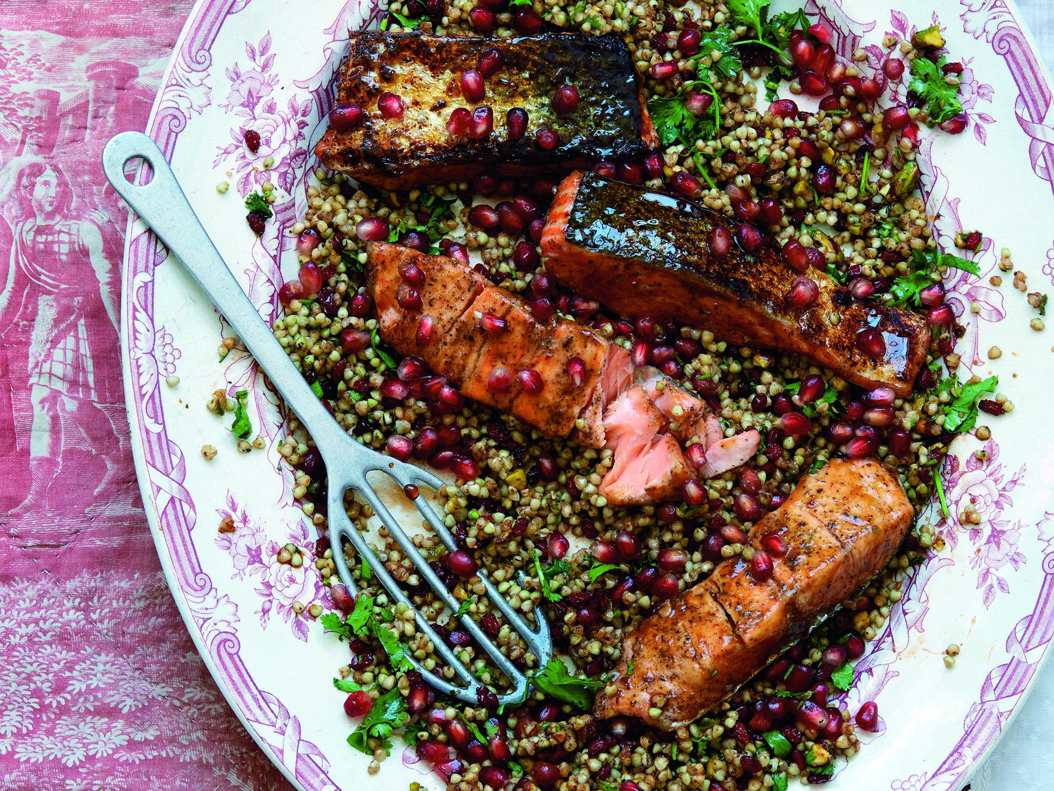 The sticky salmon and pomegranate dish is quick and easy to make. Serve it with Emma's buckwheat and barberry salad (recipes below)