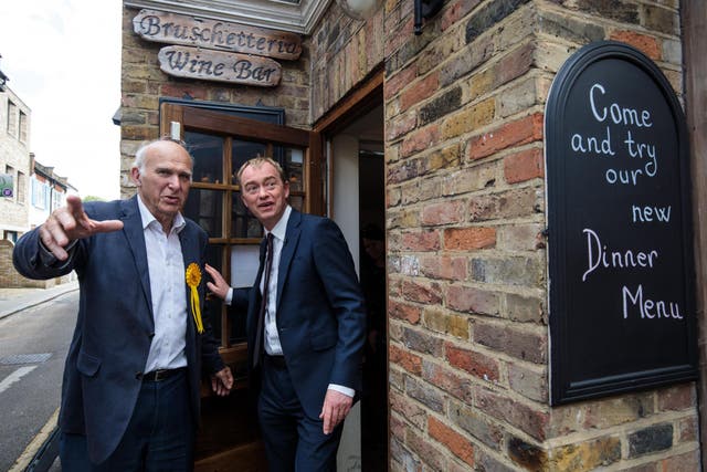 Sir Vince Cable campaigns with Tim Farron in the run up to election day
