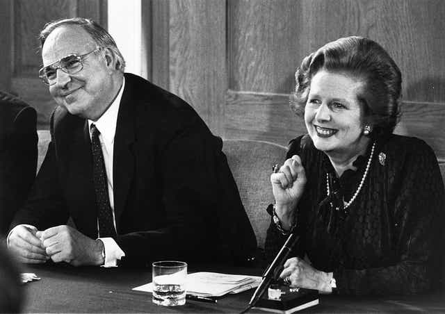 Margaret Thatcher and her German counterpart Helmut Kohl at a press conference in 1983 