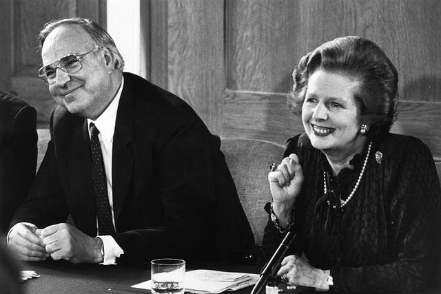 Margaret Thatcher and her German counterpart Helmut Kohl at a press conference in 1983 