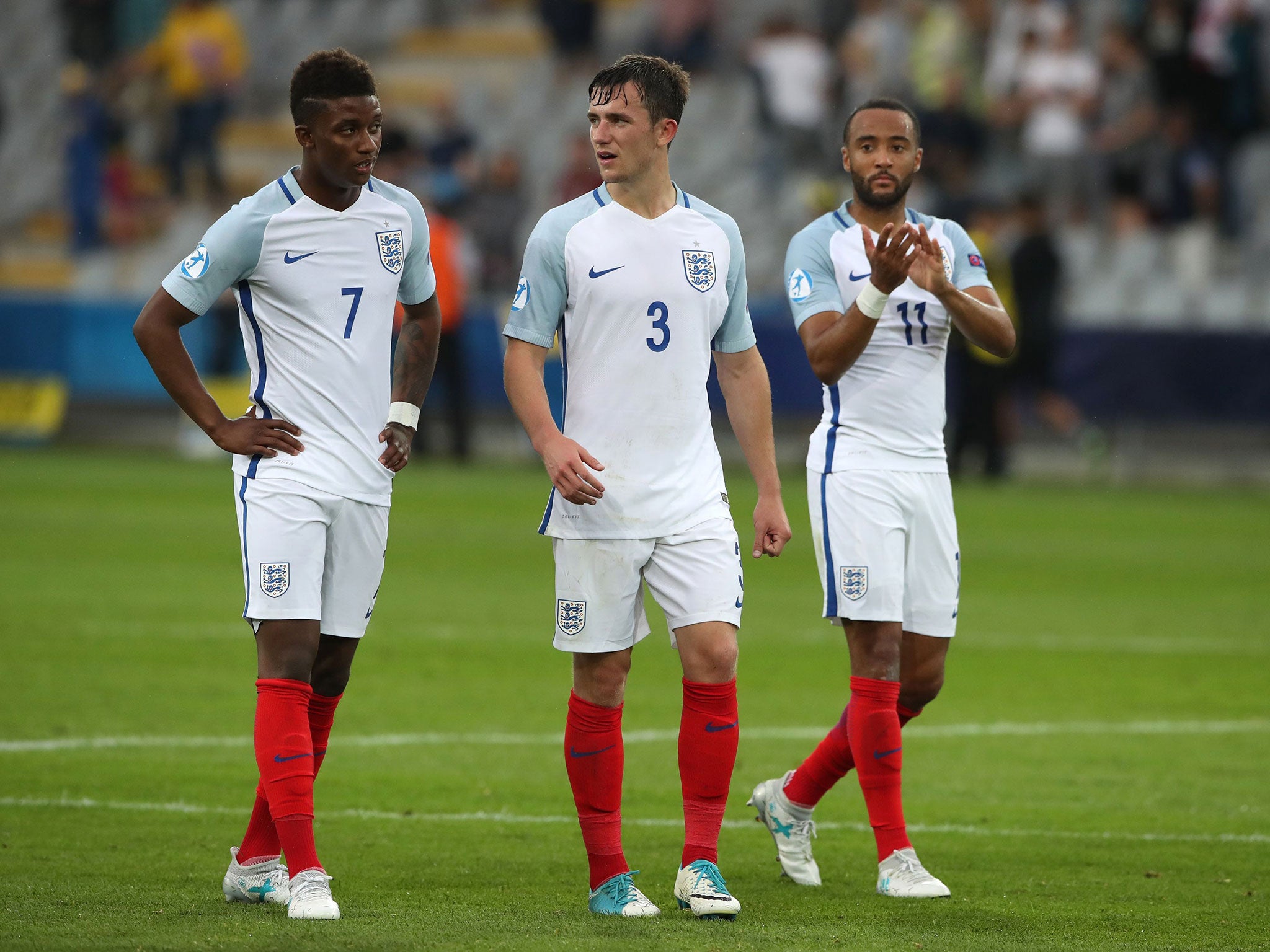 Demarai Gray, Ben Chilwell and Nathan Redmond after the final whistle