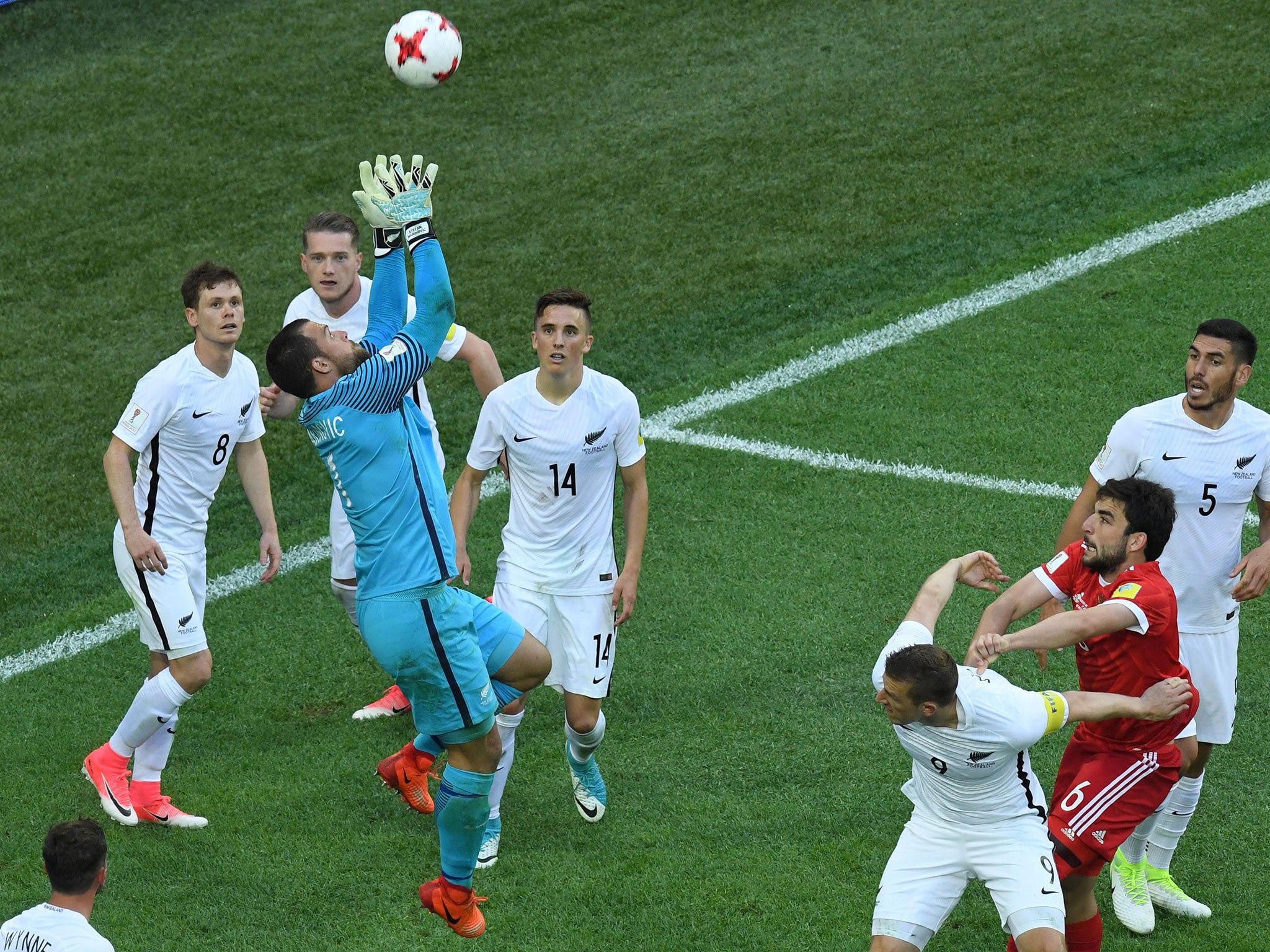 Stefan Marinovic jumps to claim a high ball