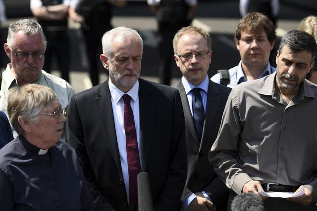 Labour Leader Jeremy Corbyn stands next to Finsbury Park Mosque chairman Mohammed Kozbar (r) after the June 2017 attack