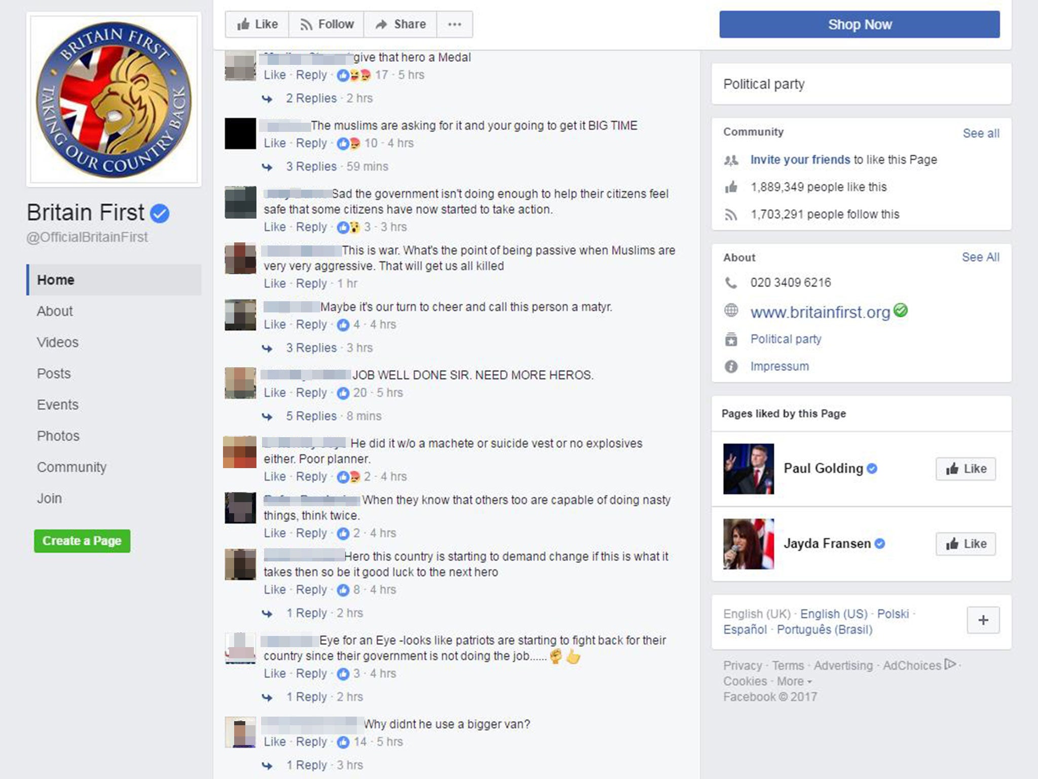 Comments posted on Britain First's Facebook page on 19 June