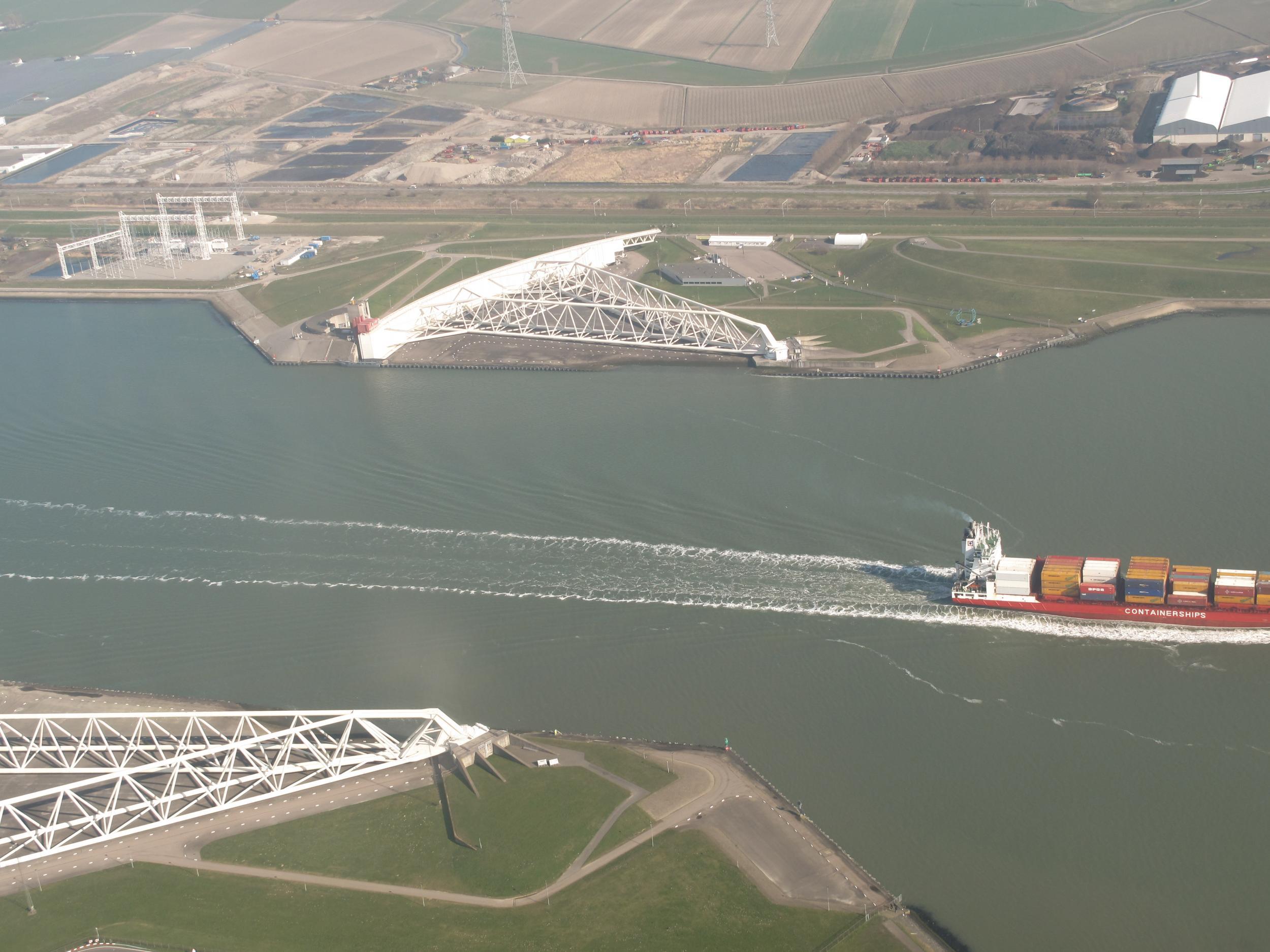 The Maeslantkering, an immense sea gate conceived decades ago to protect the port of Rotterdam