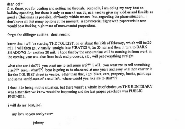 An email, apparently from Johnny Depp to his ex-business manager, where the actor says he is trying to watch his spending and also asking what else he could do to aid his financial issues