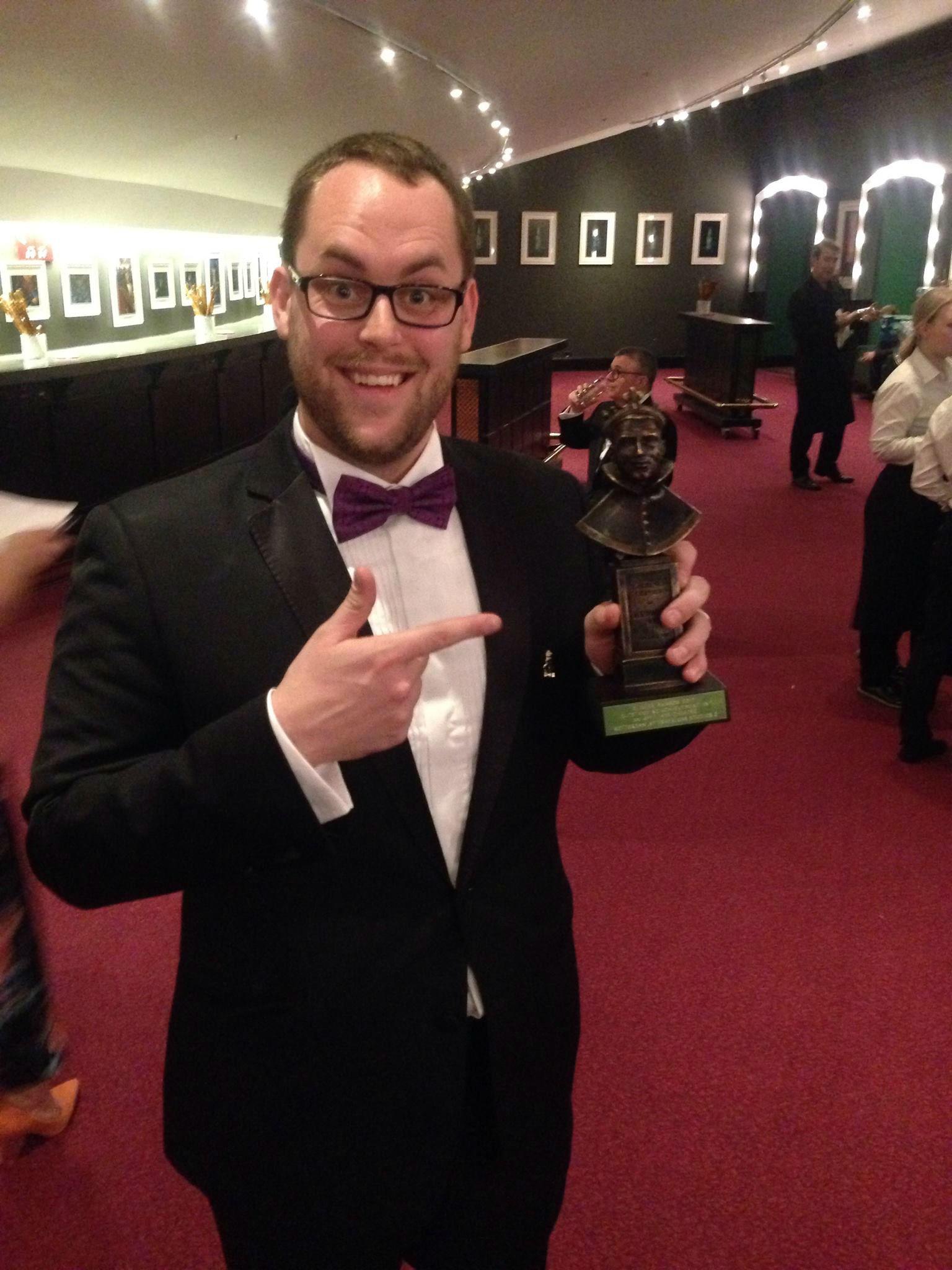 Jon Brittain at the 2017 Olivier Awards where his play 'Rotterdam' won the award for Outstanding Achievement in an Affiliate Theatre