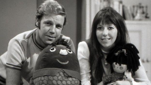 Brian Cant with Humpty and Chloe Ashcroft with Jemima on the tv show Play School