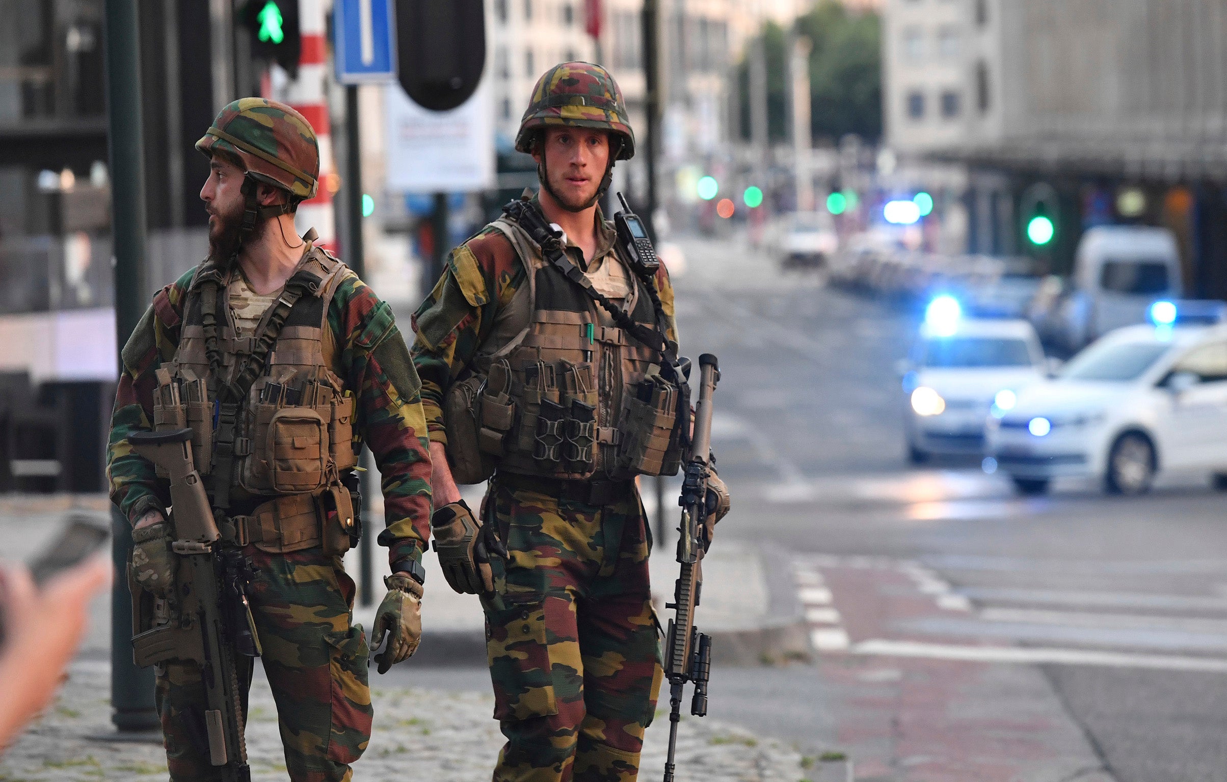Belgian Army soldiers patrol outside Brussels Central Station
