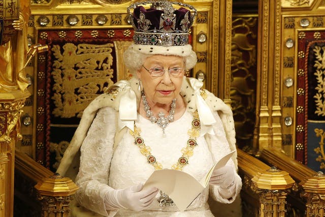 Queen Elizabeth II delivers a prior Queen's Speech during the State Opening of Parliament, in the House of Lords