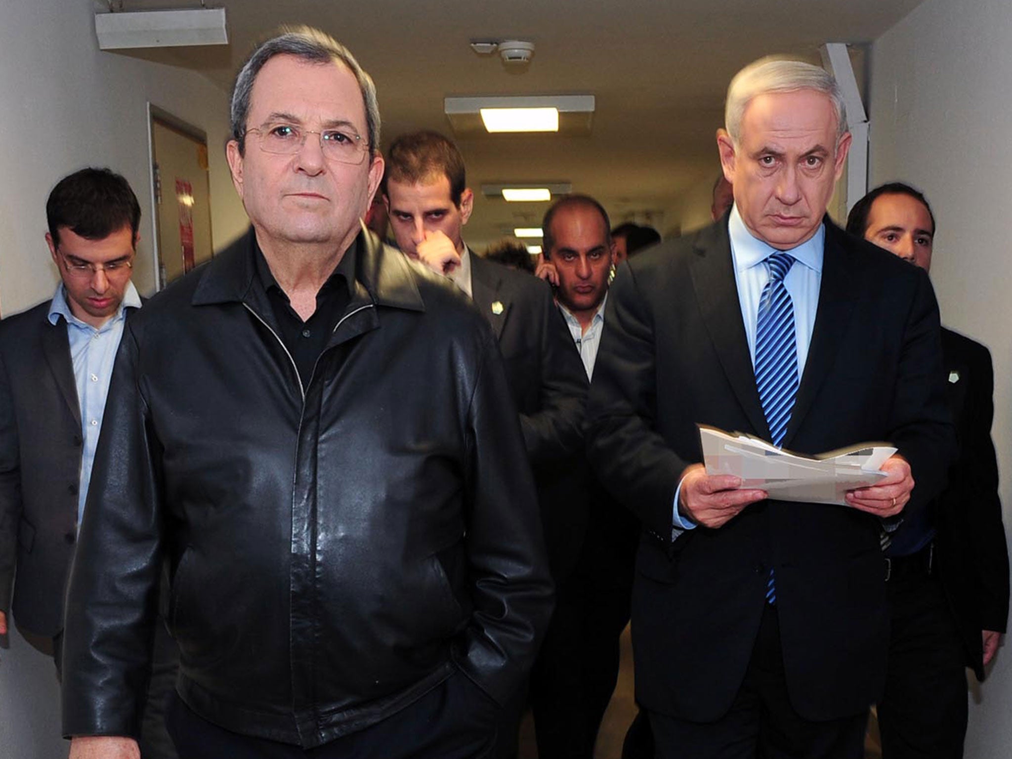 Israeli Prime Minister Benjamin Netanyahu and the then defence minister Ehud Barak on November 14 2012 in Kirya, Israel