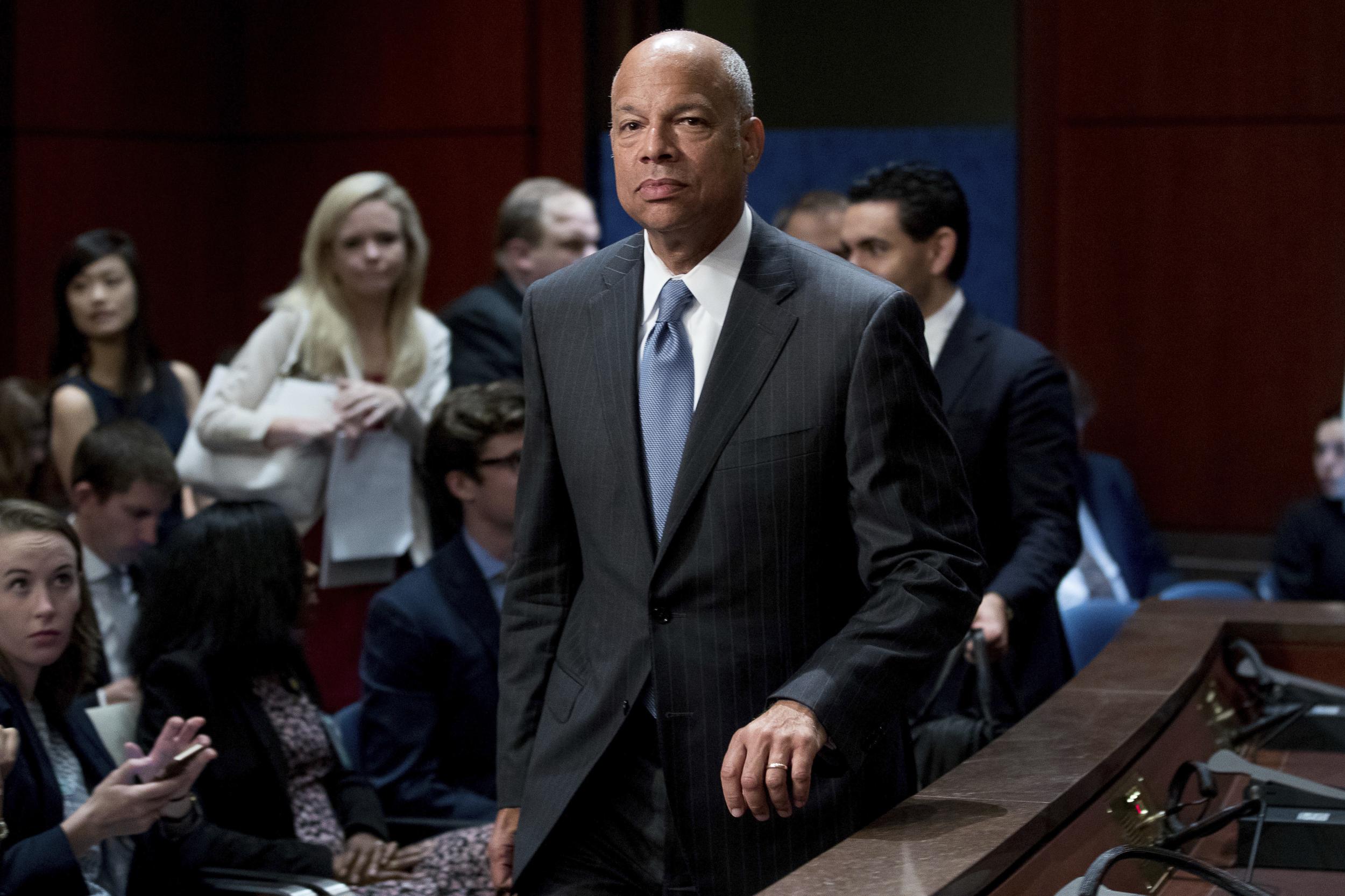 Former Homeland Security Secretary Jeh Johnson arrives to testify before the House Intelligence Committee