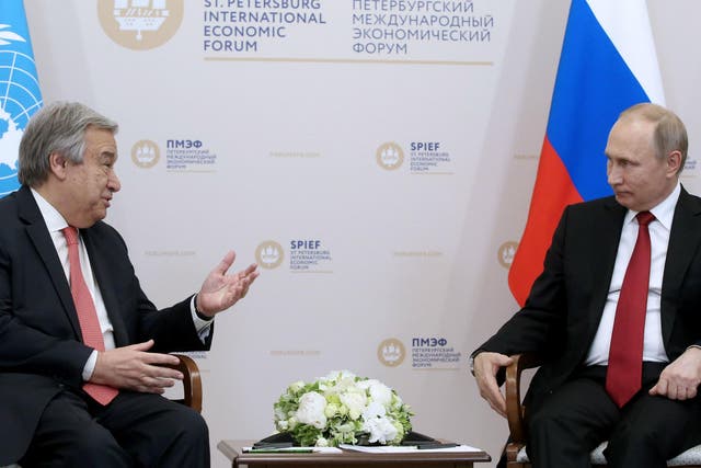 Russian President Vladimir Putin meets with United Nations Secretary-General Antonio Guterres on the sidelines of the St. Petersburg International Economic Forum (SPIEF) in Saint Petersburg on 2 June 2017