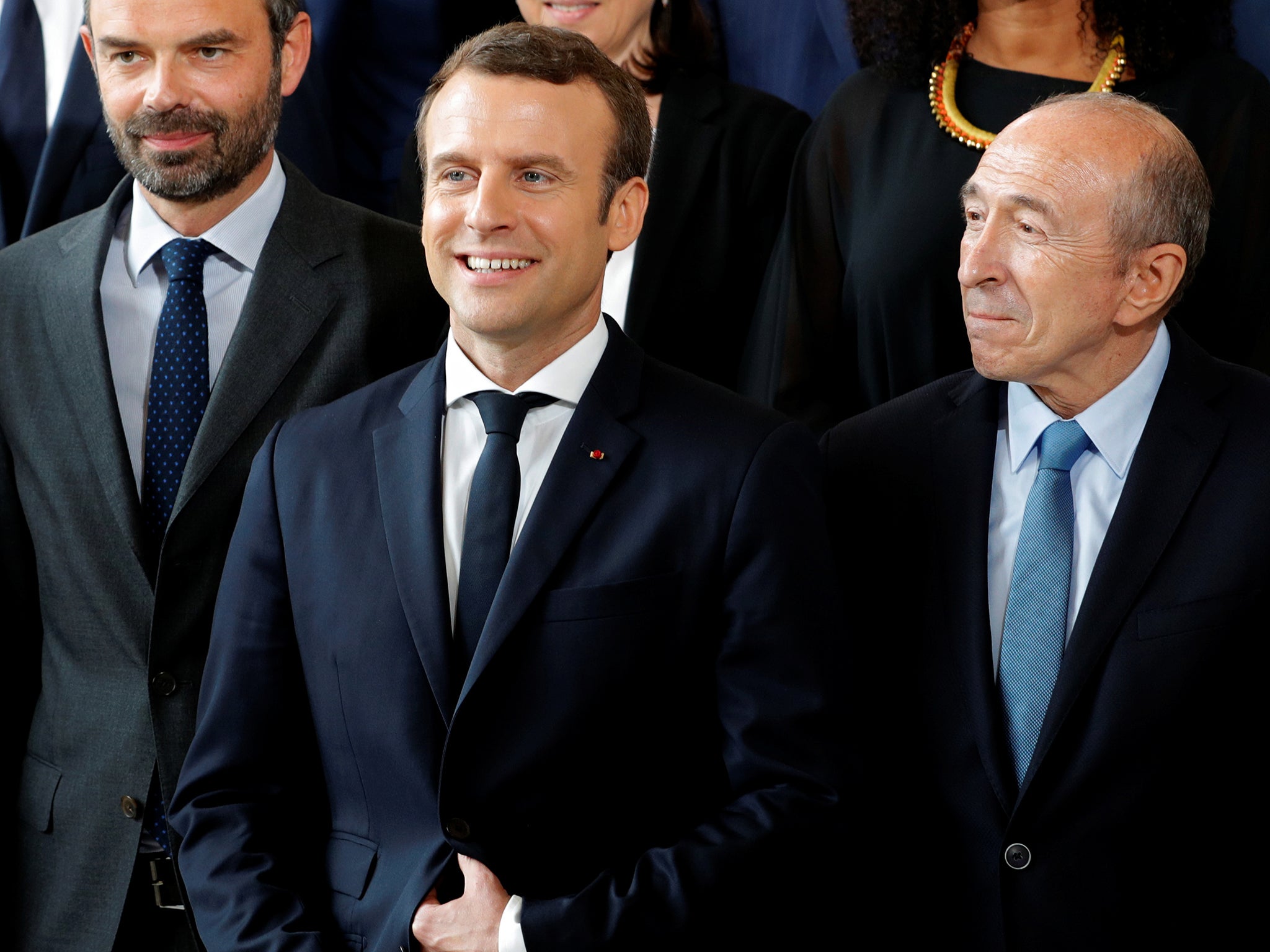 French President Emmanuel Macron (centre), Prime Minister Edouard Philippe (left) and Interior Minister Gerard Collomb at the Elysee Palace in Paris