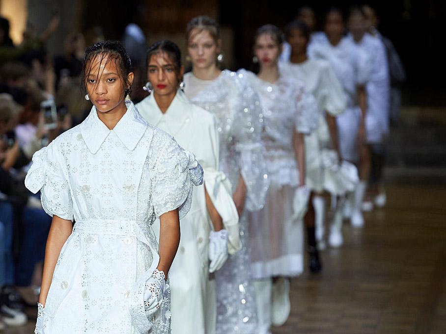 The runway at Simone Rocha was dominated by model’s adorned in frocks that resembled communion gowns, wedding and baptism dresses