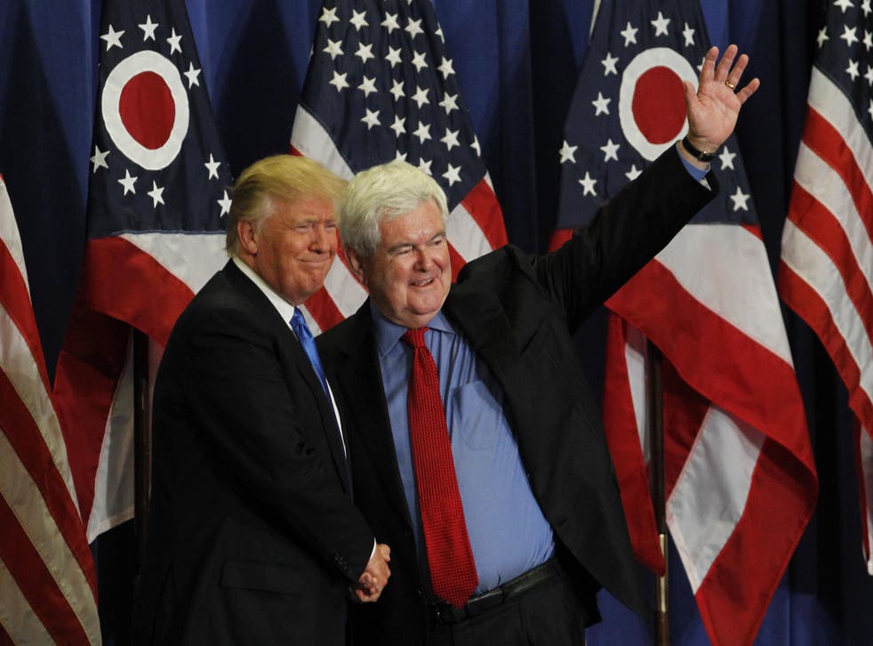 Former Speaker of the House Newt Gingrich introduces Donald Trump during a campaign rally in Ohio