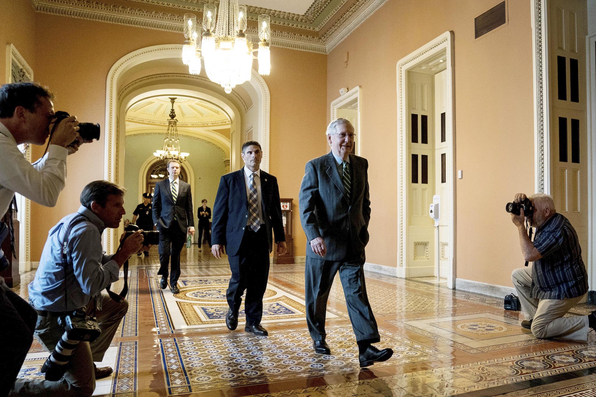Senate Majority Leader Mitch McConnell arrives on Capitol Hill