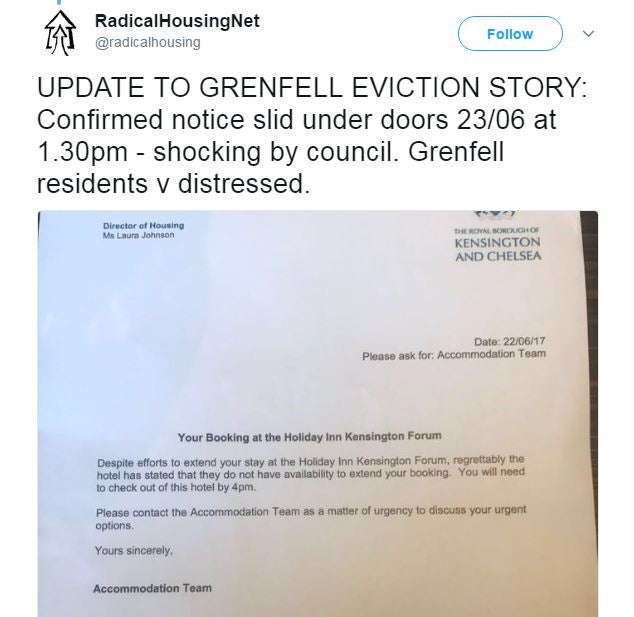 The letter which Grenfell victims allegedly received instructing them to vacate the premises