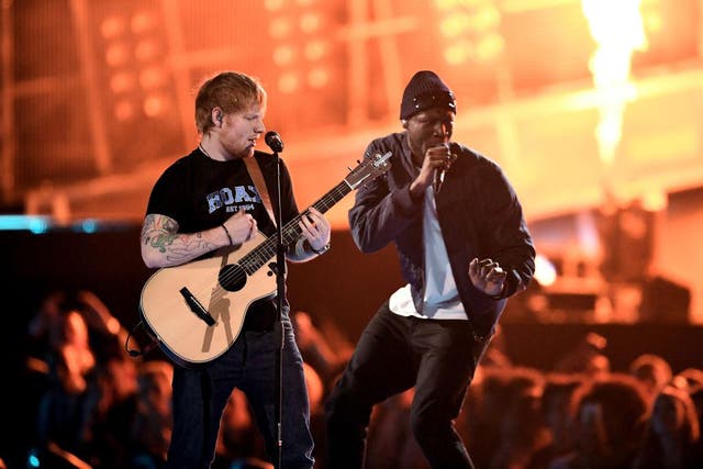 Ed Sheeran performs with Stormzy at the O2 Arena during the BRIT awards, February 2017