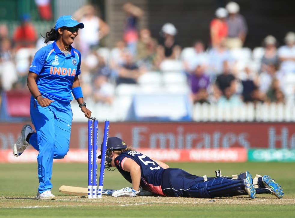 England's Heather Knight is run out during the ICC Women's World Cup fixture at the County Ground, Derby