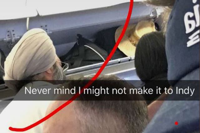 An airline passenger who mocked a Sikh man's turban and suggested he was a terrorist in a series of Snapchat posts has sparked outrage on social media.