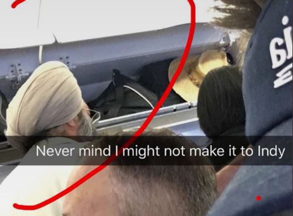 An airline passenger who mocked a Sikh man's turban and suggested he was a terrorist in a series of Snapchat posts has sparked outrage on social media.