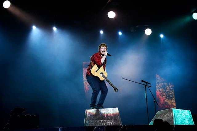 Ed Sheeran performs on the Pyramid Stage at Worthy Farm in Somerset during the Glastonbury Festival