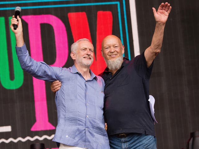 Jeremy Corbyn and Michael Eavis speak on the Pyramid Stage at Glastonbury Festival 2017 at Worthy Farm, Pilton, Glastonbury