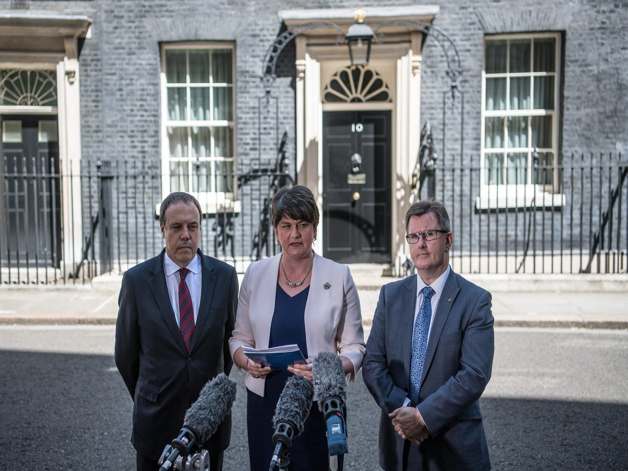 Arlene Foster revealing the terms of the deal outside Downing Street